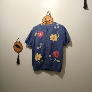 Vintage Blue Floral Embroidered Short Sleeved Knit Sweater